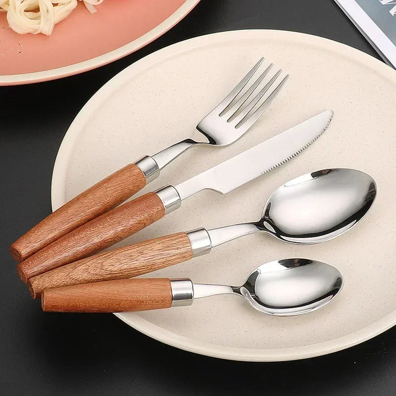 Dishwasher Safe Wooden Handle Cutlery Set, Sapele Wooden Western Flatware, Stainless Steel Knife Fork Spoon Suit