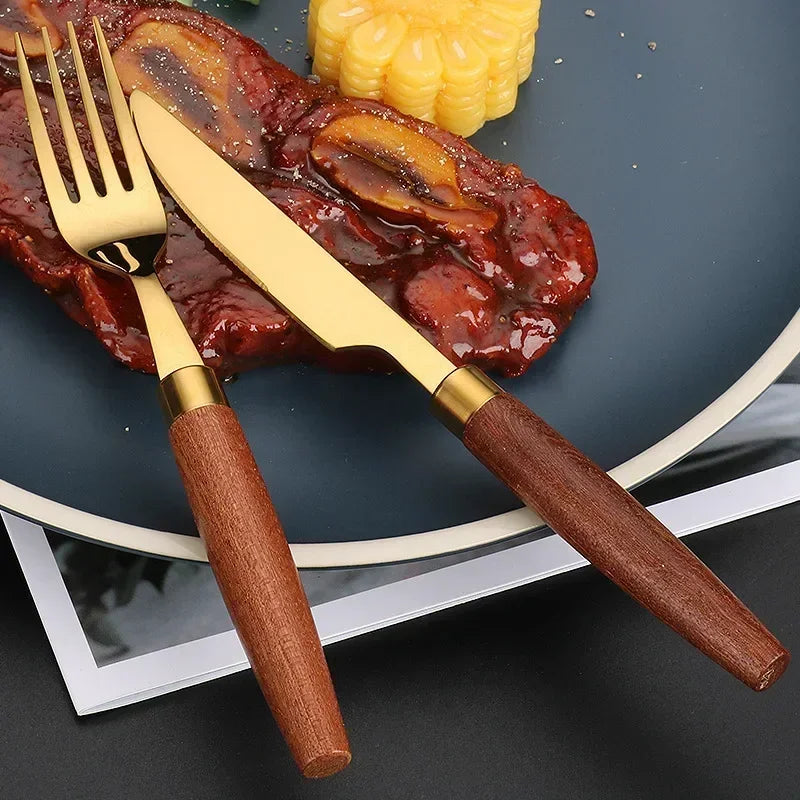 Dishwasher Safe Wooden Handle Cutlery Set, Sapele Wooden Western Flatware, Stainless Steel Knife Fork Spoon Suit