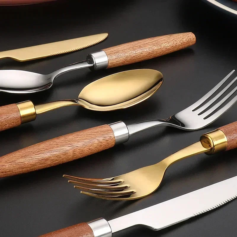 Dishwasher Safe Wooden Handle Cutlery Set, Sapele Wooden Western Flatware, Stainless Steel Knife Fork Spoon Suit