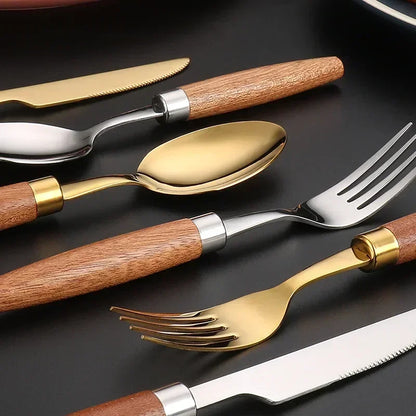 Dishwasher Safe Wooden Handle Cutlery Set, Sapele Wooden Western Flatware, Stainless Steel Knife Fork Spoon Suit