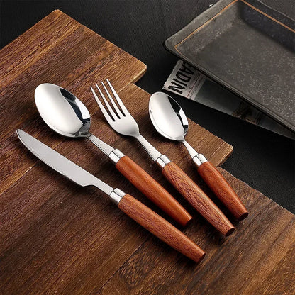 Dishwasher Safe Wooden Handle Cutlery Set, Sapele Wooden Western Flatware, Stainless Steel Knife Fork Spoon Suit