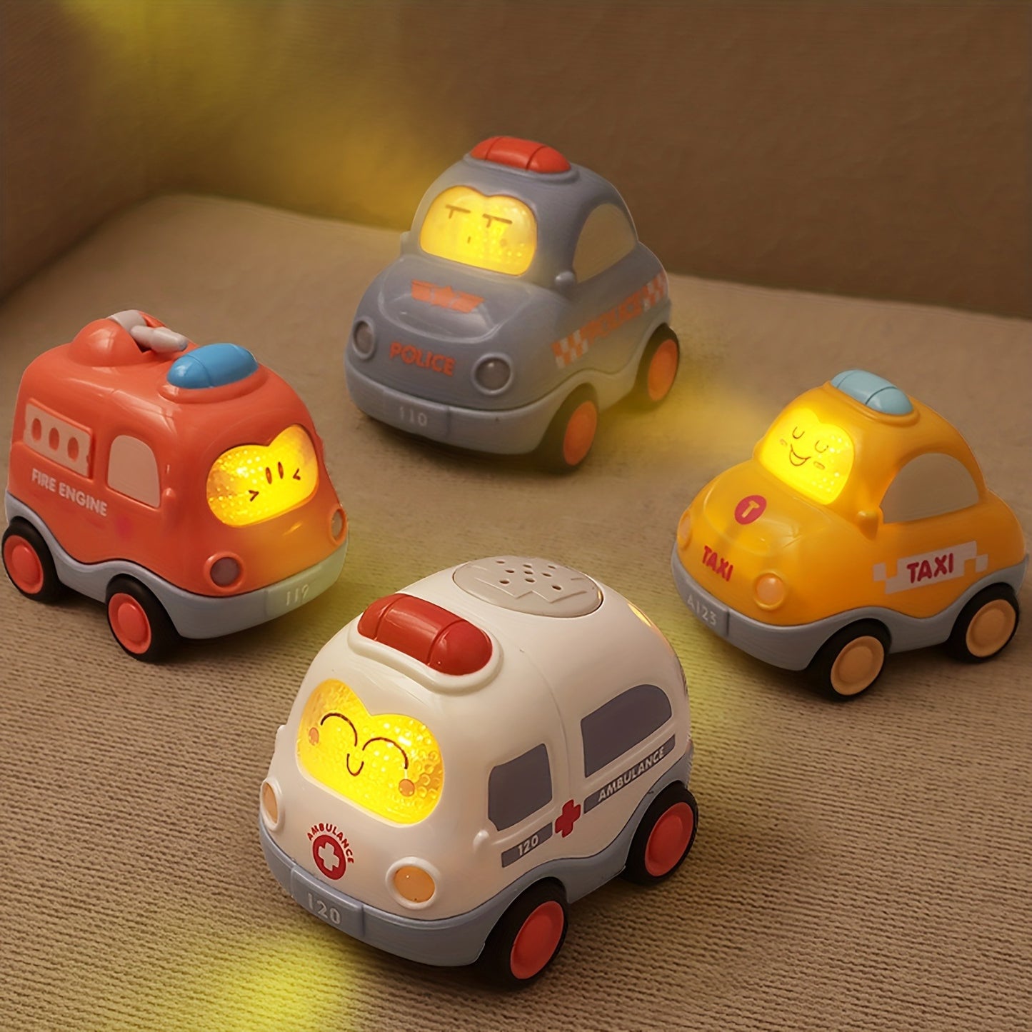 Pull Back Cars for Toddlers, Police Car, Ambulance, Fire Truck, Taxi with Lights and Sound