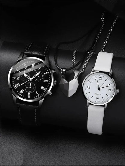 Couple Quartz Watch Set with Leather Bands and Love Pendant Necklace (4 Piece Set)