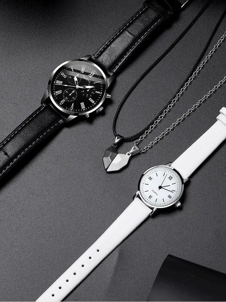 Couple Quartz Watch Set With Leather Bands And Love Pendant Necklace 4 Piece Set 2