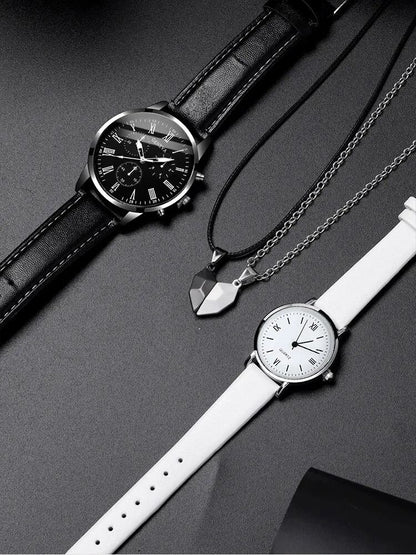 Couple Quartz Watch Set With Leather Bands And Love Pendant Necklace 4 Piece Set 2