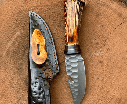 HandForged Carbon Steel Gut Hook Hunting Knife  Deer Antler Handle  Hammered Finish  9 Skinner Knif 1