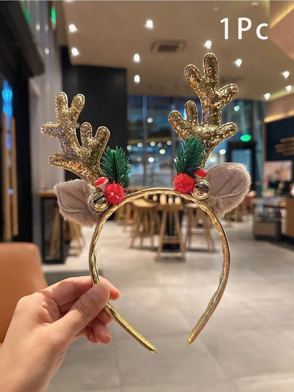 Gold Sequin Deer Horn Christmas Headband With Bells And Festive Holiday Accents 2