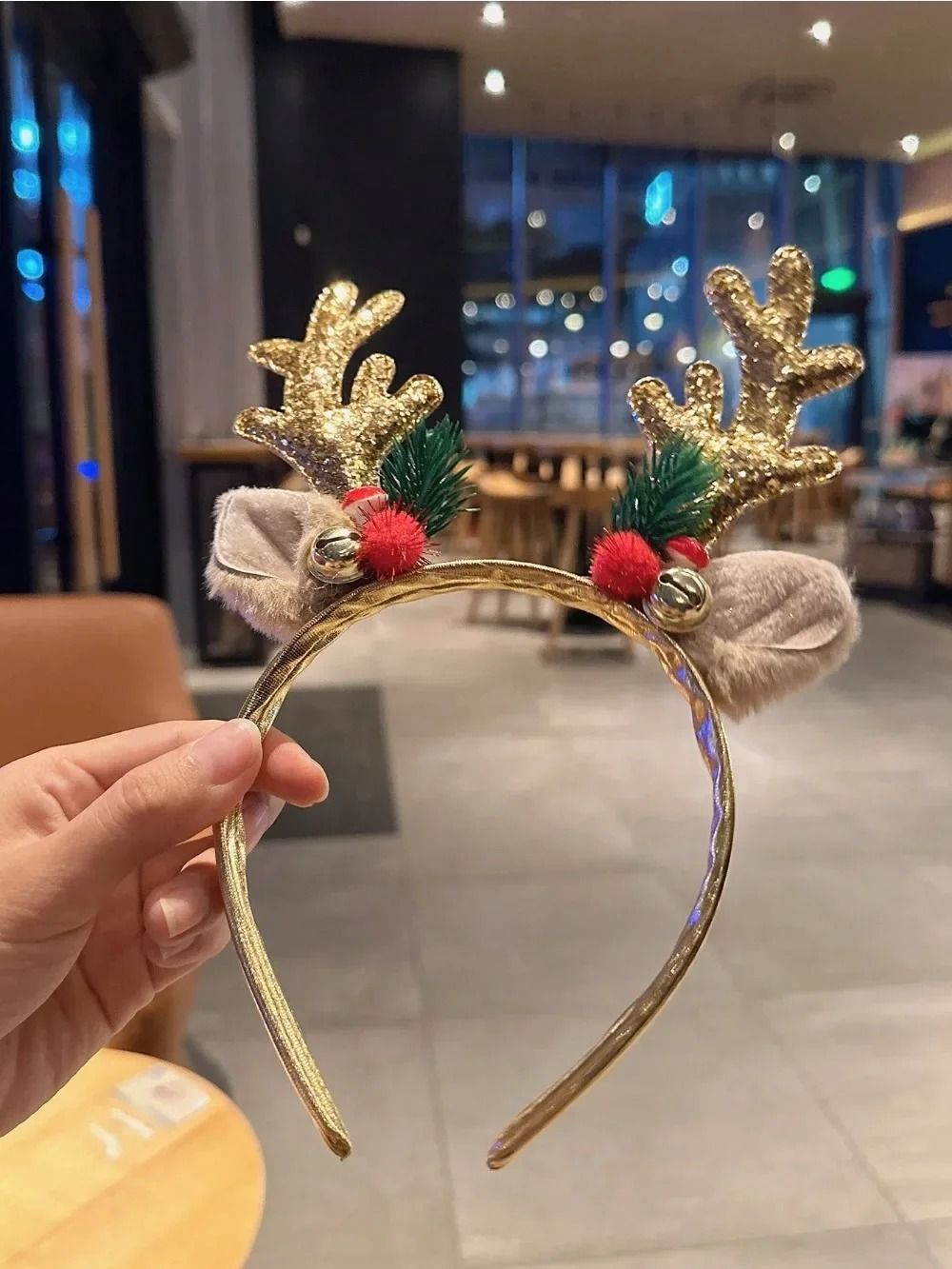 Gold Sequin Deer Horn Christmas Headband With Bells And Festive Holiday Accents 4