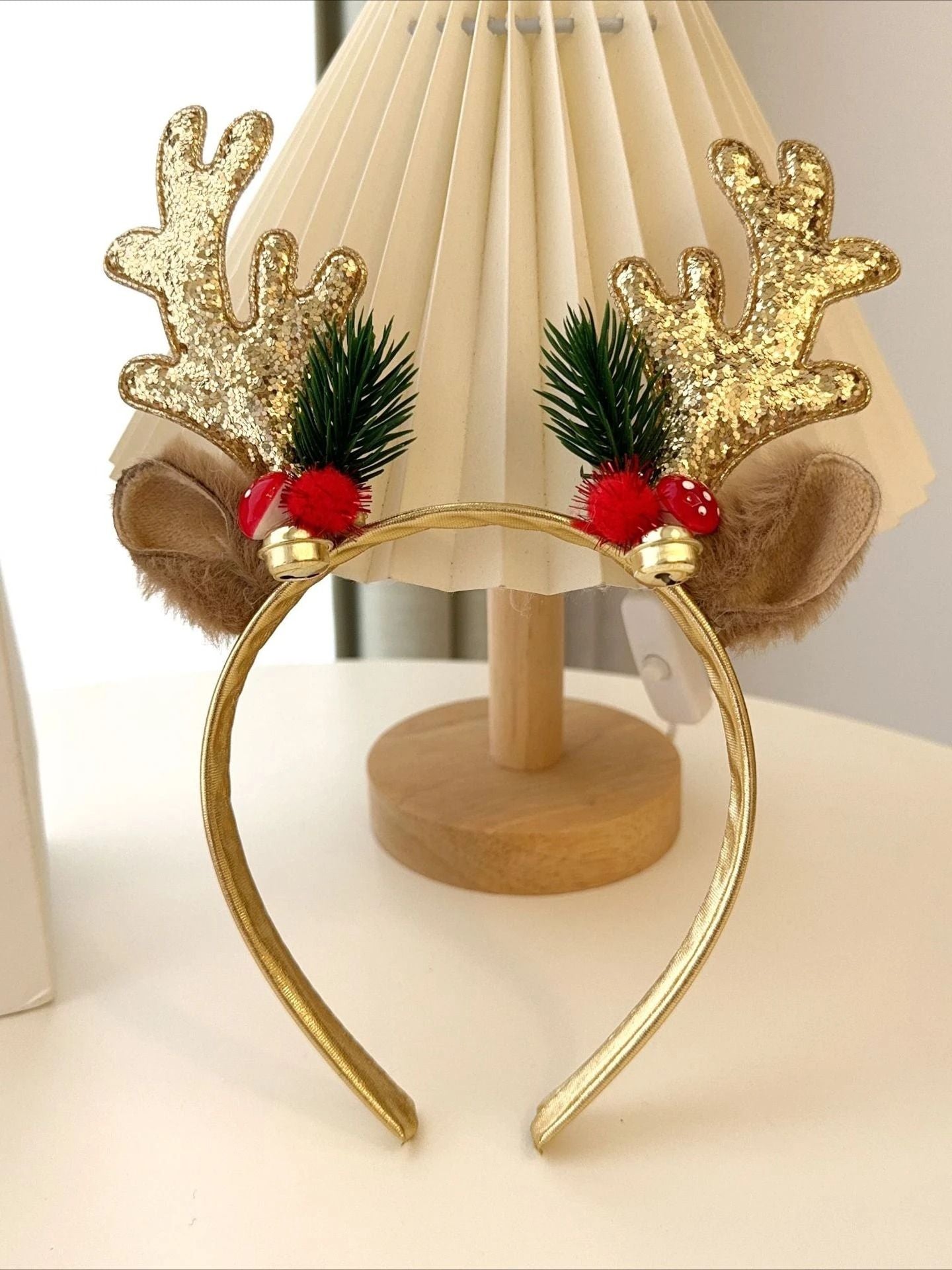Gold Sequin Deer Horn Christmas Headband With Bells And Festive Holiday Accents 5