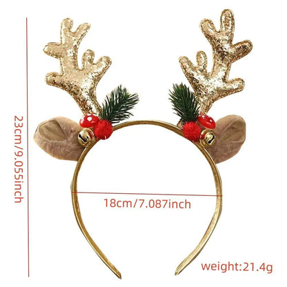 Gold Sequin Deer Horn Christmas Headband With Bells And Festive Holiday Accents 6
