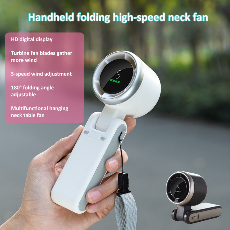 Summer New Hand held Fan, Folding High speed Turbo Fan, Desktop Portable LED Adjustment Student Fans, Hanging Neck