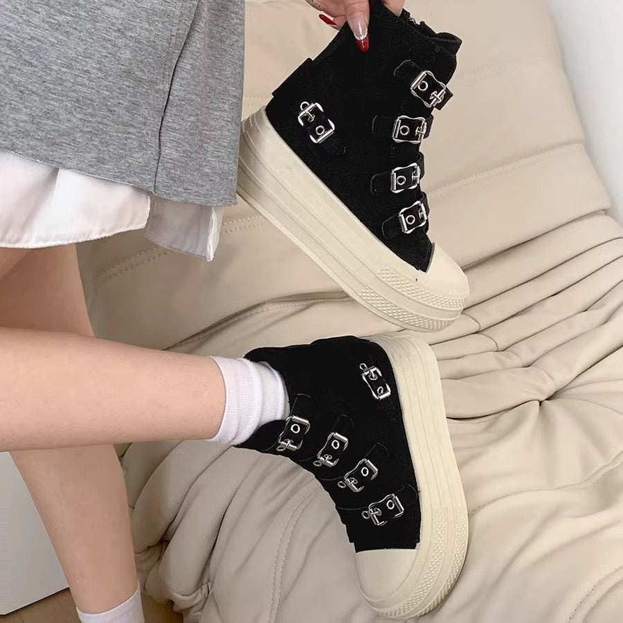 Buckle Strap Canvas Shoe for Women, High Top Female Shoes Design, High Street Grace Walking Zip Simplicity Style