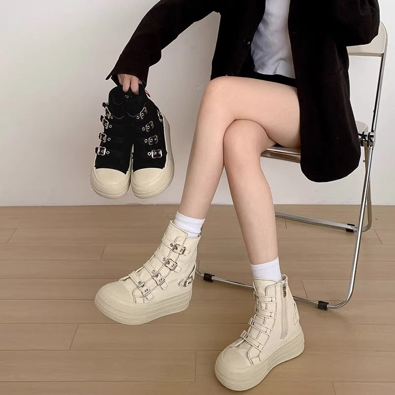 Buckle Strap Canvas Shoe for Women, High Top Female Shoes Design, High Street Grace Walking Zip Simplicity Style