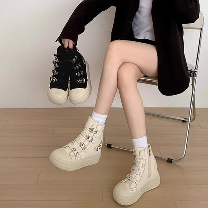 Buckle Strap Canvas Shoe for Women, High Top Female Shoes Design, High Street Grace Walking Zip Simplicity Style