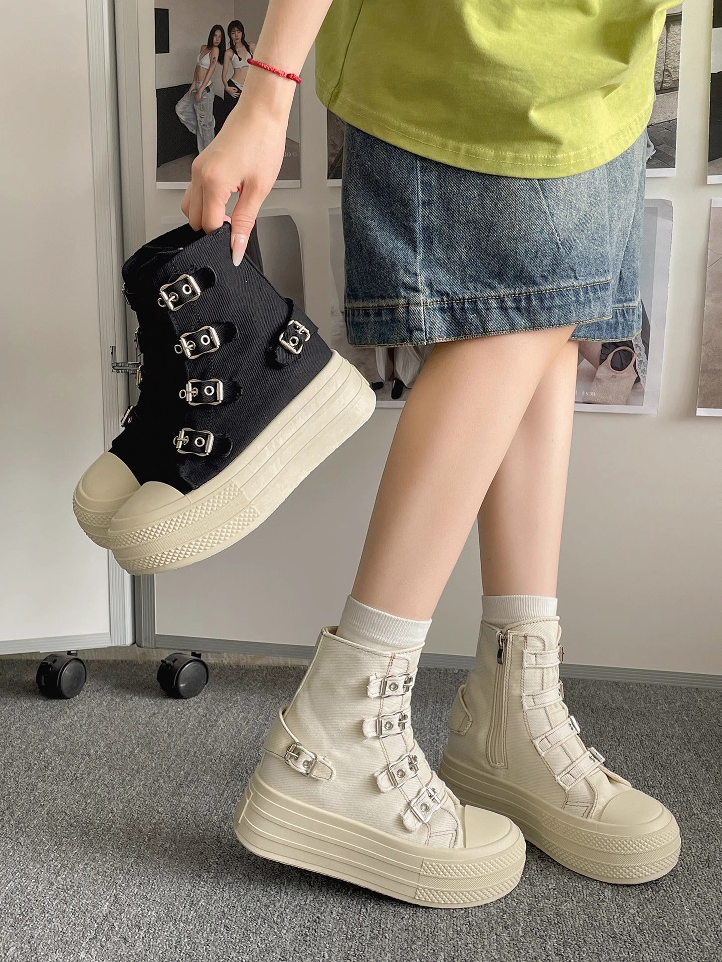Buckle Strap Canvas Shoe for Women, High Top Female Shoes Design, High Street Grace Walking Zip Simplicity Style