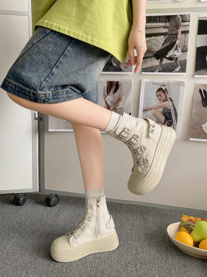 Buckle Strap Canvas Shoe for Women, High Top Female Shoes Design, High Street Grace Walking Zip Simplicity Style