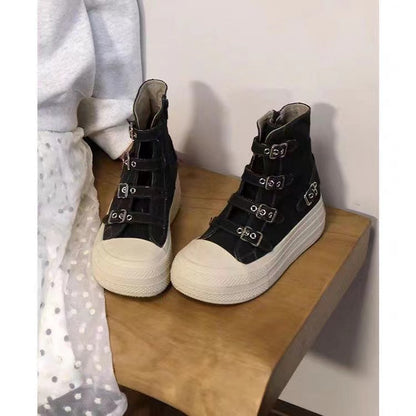 Buckle Strap Canvas Shoe for Women, High Top Female Shoes Design, High Street Grace Walking Zip Simplicity Style