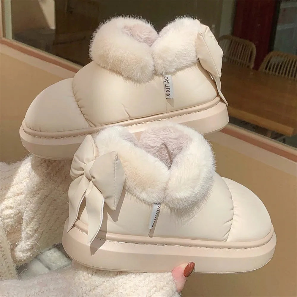 Winter Womens Bow Warmth Boots Cute Warm Ankle Plush Cotton Shoes Waterproof Down Cloth Short Barre 1
