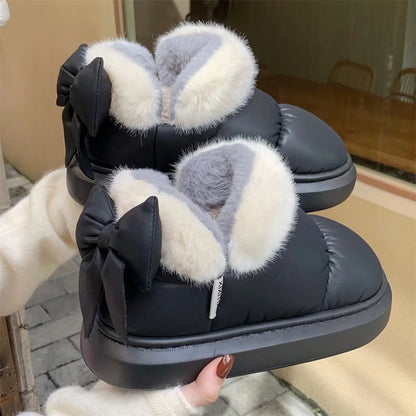 Winter Womens Bow Warmth Boots Cute Warm Ankle Plush Cotton Shoes Waterproof Down Cloth Short Barre 3