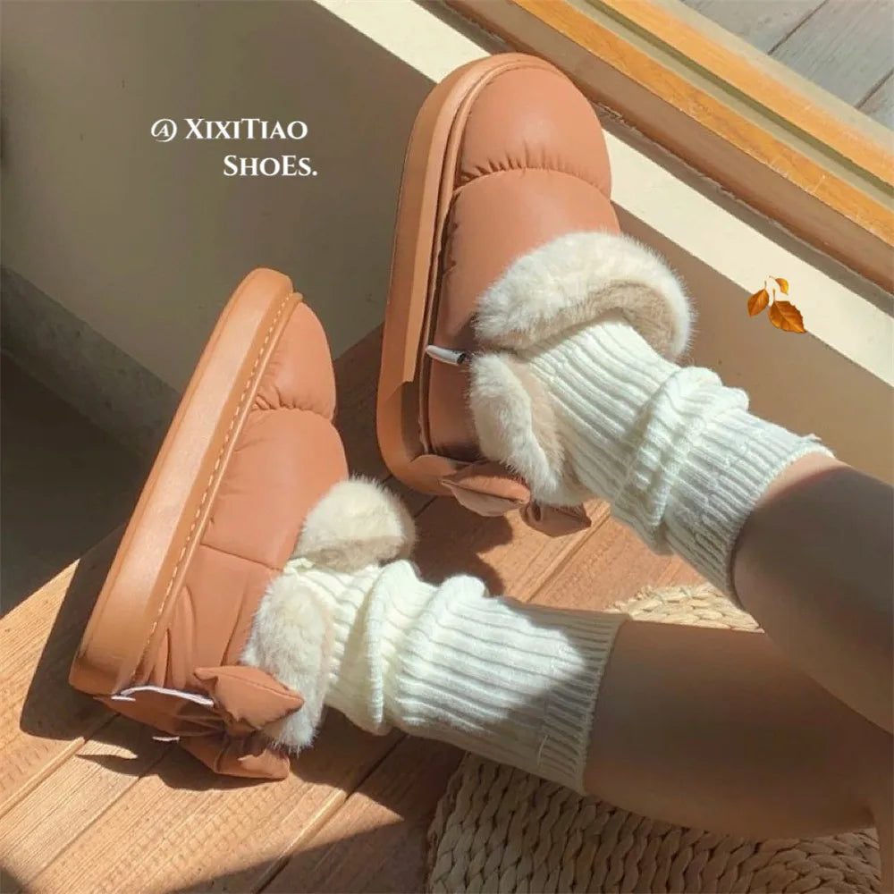 Winter Womens Bow Warmth Boots Cute Warm Ankle Plush Cotton Shoes Waterproof Down Cloth Short Barre 5