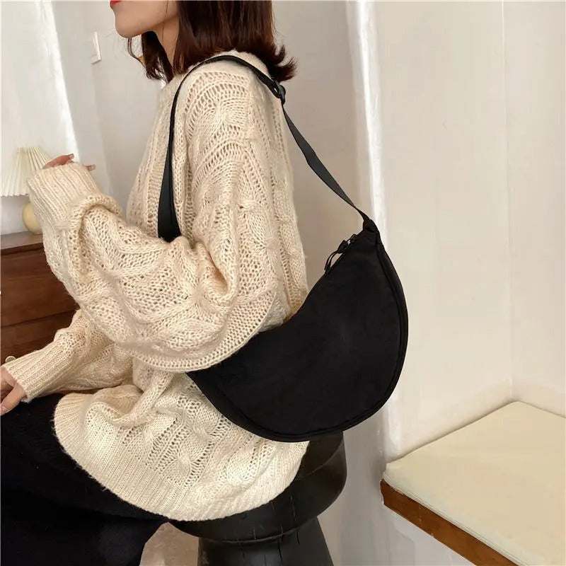 Large Capacity Travel Crossbody Female Half Moon Bag, Cotton Filled Shoulder Bag, Men and Women Solid Color Chest Bag