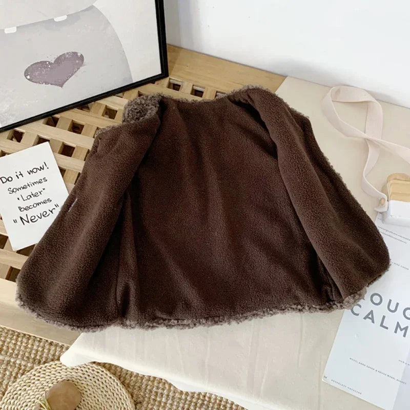 Girls Boys Plush Vest Autumn Winter Baby Lamb Wool Plus Velvet Waistcoat V Neck Child Warm Coat 3