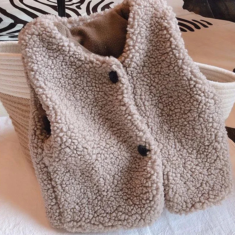 Girls Boys Plush Vest Autumn Winter Baby Lamb Wool Plus Velvet Waistcoat V Neck Child Warm Coat 7