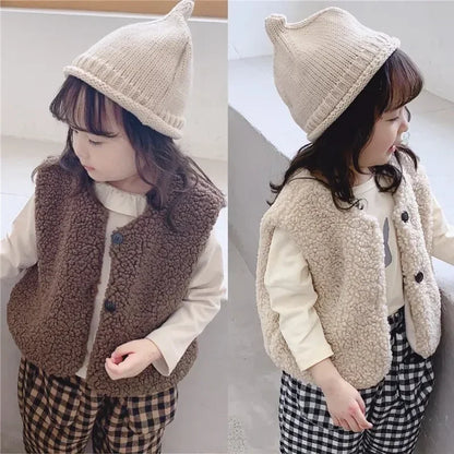 Girls Boys Plush Vest Autumn Winter Baby Lamb Wool, Plus Velvet Waistcoat, V Neck Child Warm Coat