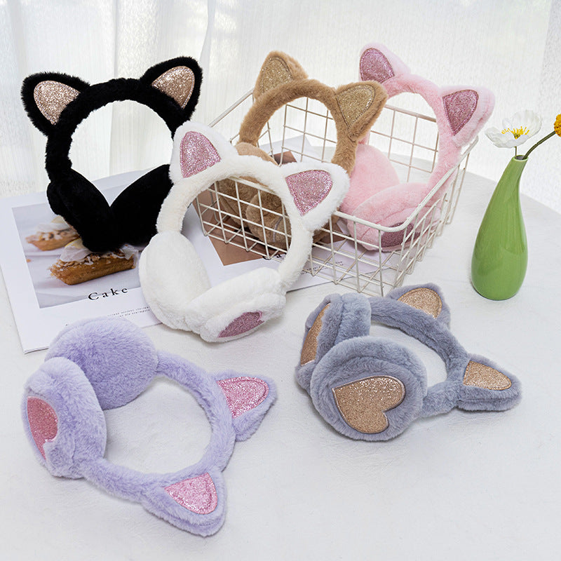 Fashion Solid Earflap Outdoor, Cute Glitter Cat Ear Earmuff, Soft Plush Warmer Winter Warm for Women Men