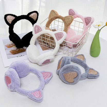 Fashion Solid Earflap Outdoor, Cute Glitter Cat Ear Earmuff, Soft Plush Warmer Winter Warm for Women Men