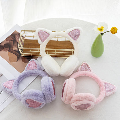 Fashion Solid Earflap Outdoor Cute Glitter Cat Ear Earmuff Soft Plush Warmer Winter Warm For Women  1