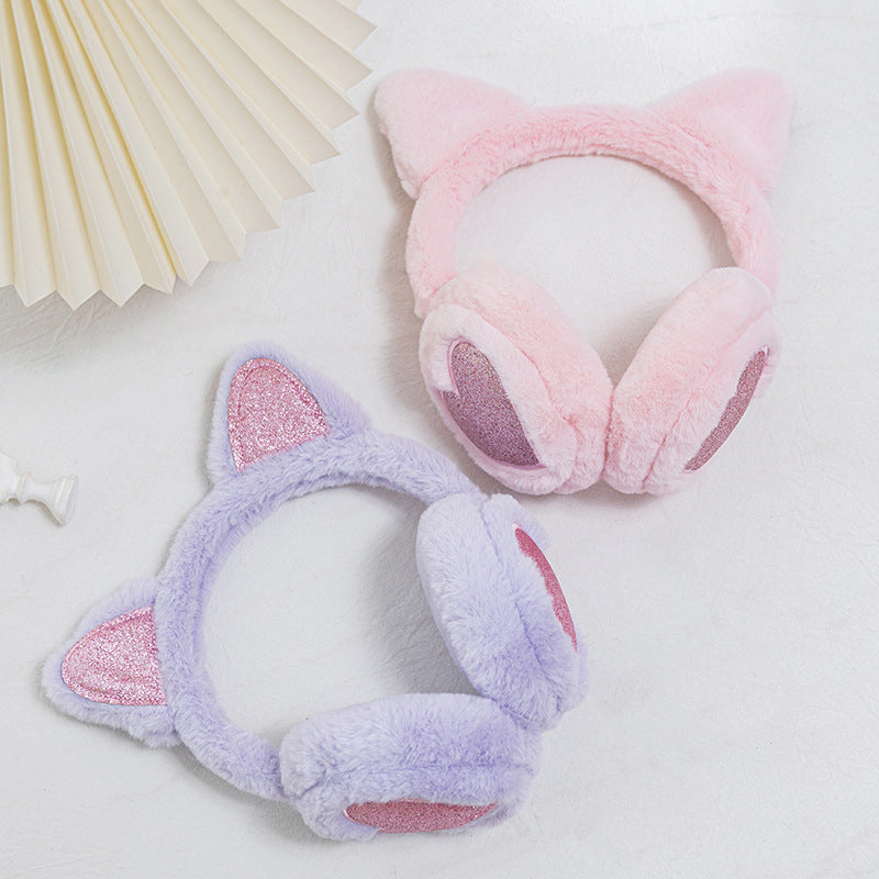 Fashion Solid Earflap Outdoor Cute Glitter Cat Ear Earmuff Soft Plush Warmer Winter Warm For Women  5