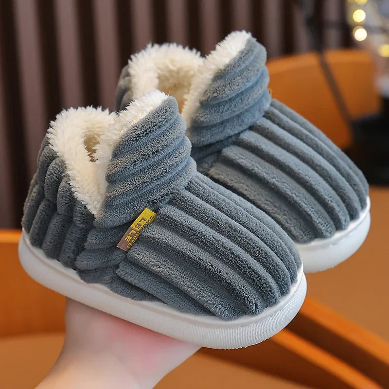 Childrens Winter Stripe Plush Slippers Nonslip Soft Sole Heel Wrap High Cotton Shoes Kids Boys Girl 2