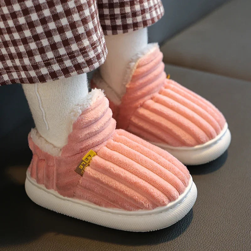 Childrens Winter Stripe Plush Slippers Nonslip Soft Sole Heel Wrap High Cotton Shoes Kids Boys Girl 3