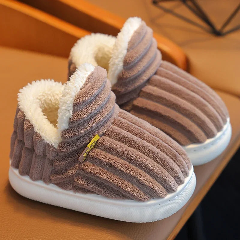 Childrens Winter Stripe Plush Slippers Nonslip Soft Sole Heel Wrap High Cotton Shoes Kids Boys Girl 5