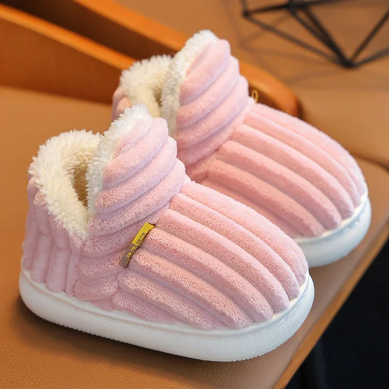 Childrens Winter Stripe Plush Slippers Nonslip Soft Sole Heel Wrap High Cotton Shoes Kids Boys Girl 6