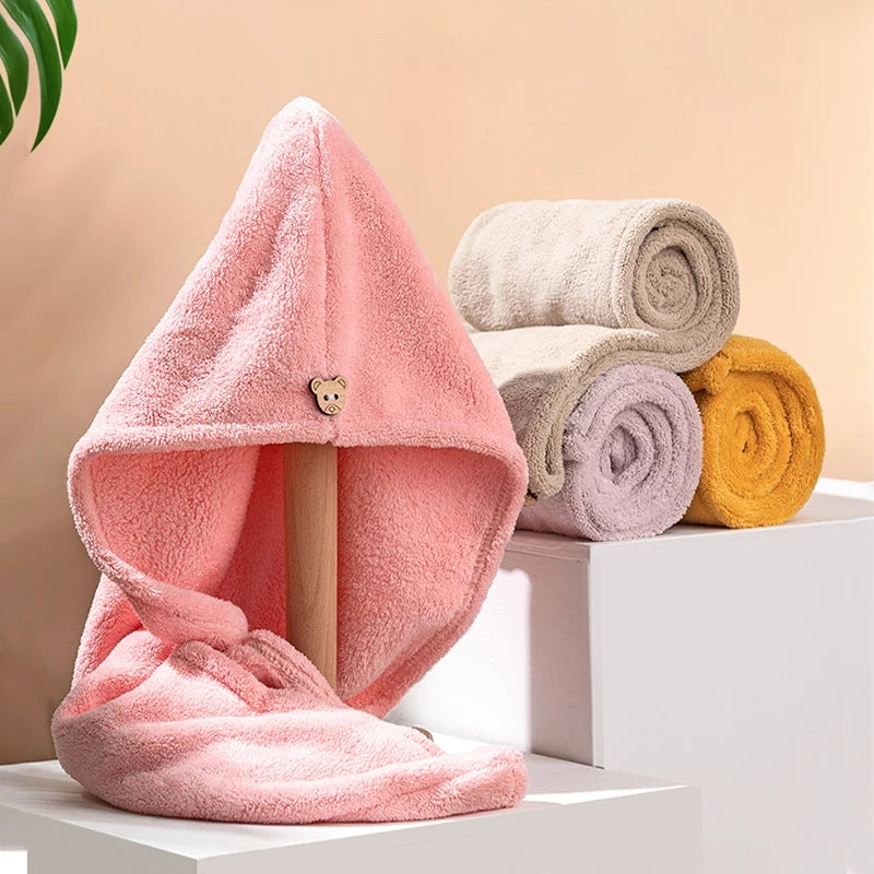 Microfiber Hair Towel, Super Absorbent Hair Towel, Fast Drying Hair Wraps, Care Cap Button, Women Bathroom Accessories