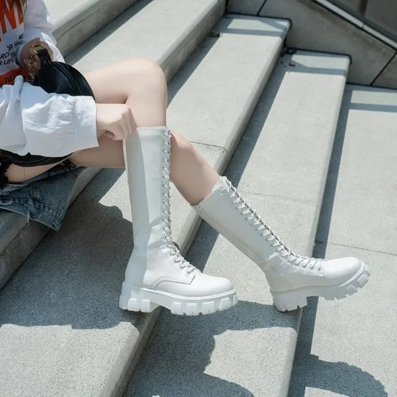 Padded Shoes Womens Mid Calf Boots Platform Woman Military Punk Style Look Knee High Winter Sneaker 2