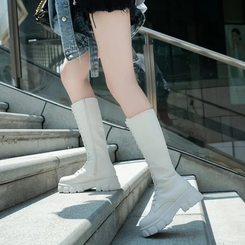 Padded Shoes Womens Mid Calf Boots Platform Woman Military Punk Style Look Knee High Winter Sneaker 3