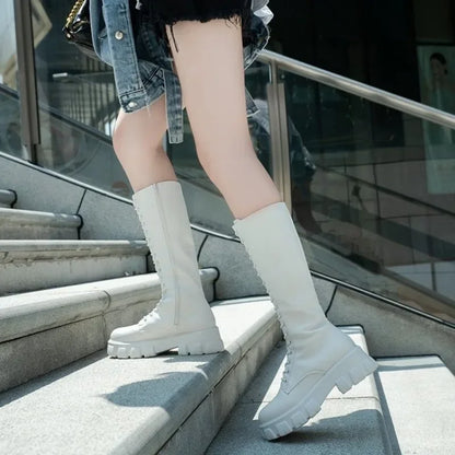 Padded Shoes Womens Mid Calf Boots Platform Woman Military Punk Style Look Knee High Winter Sneaker 3