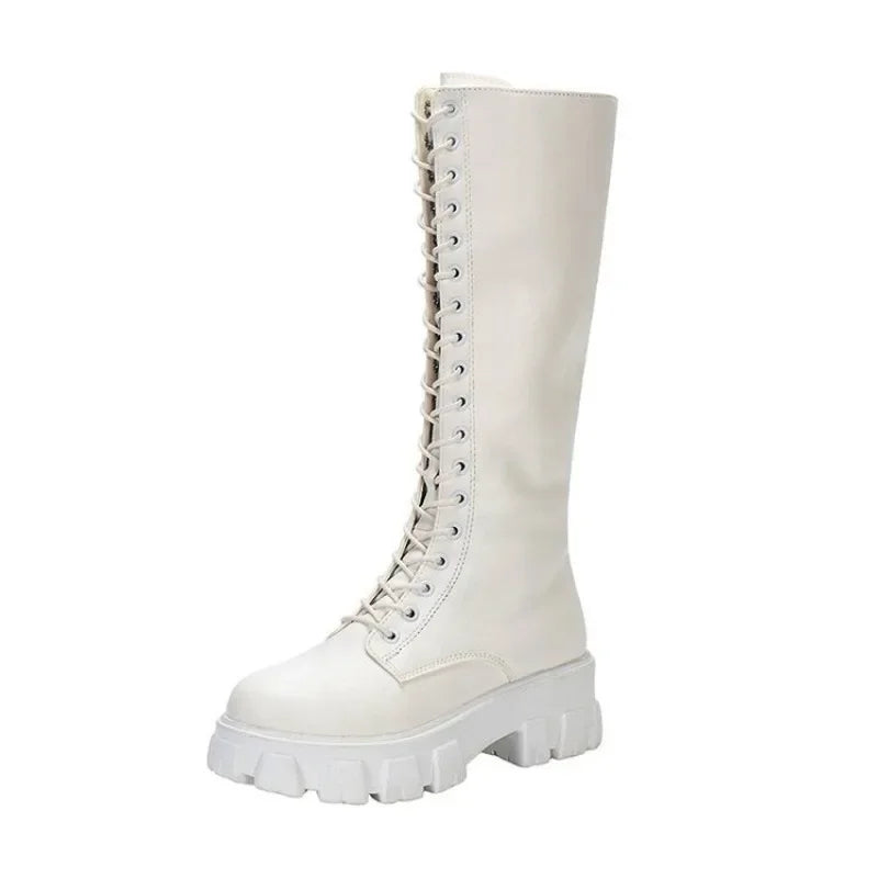 Padded Shoes Womens Mid Calf Boots Platform Woman Military Punk Style Look Knee High Winter Sneaker 5