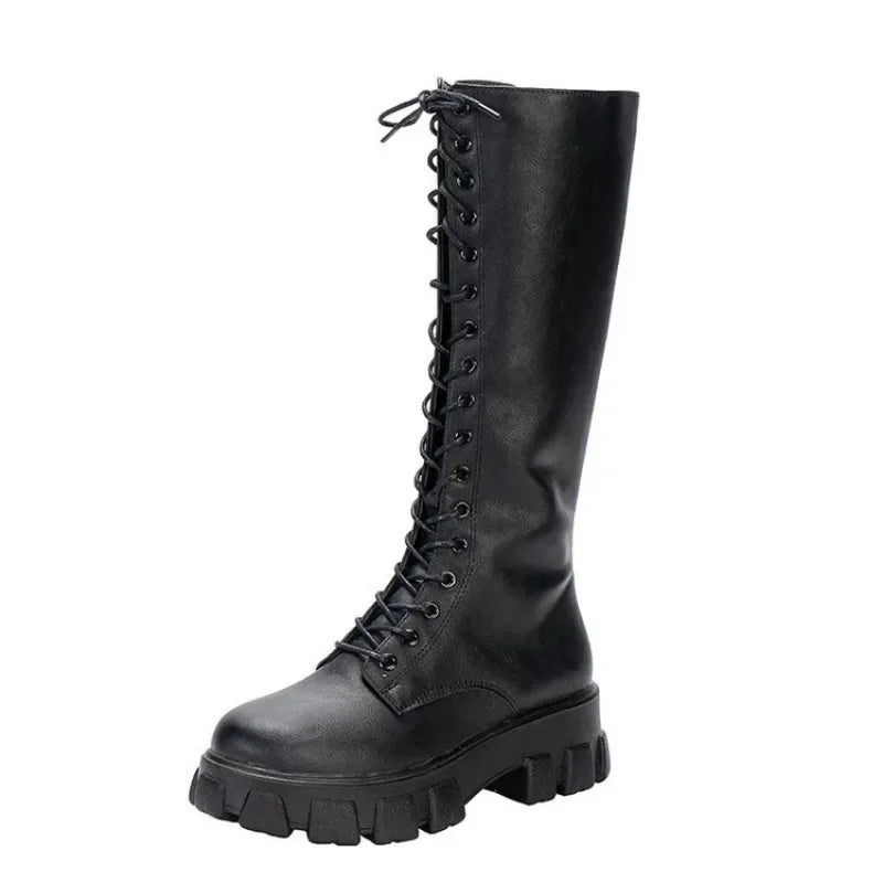 Padded Shoes Womens Mid Calf Boots Platform Woman Military Punk Style Look Knee High Winter Sneaker 6