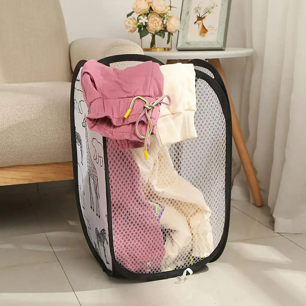 Breathable Dirty Clothes Storage Basket, Cartoon Foldable Basket, Three Sided Grid Organizer