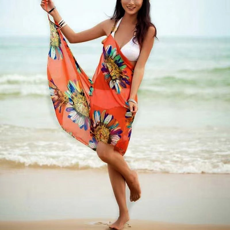 Printed Halter Chiffon Beach Dress, Sexy Bikini Wrap Pareo Skirts, Women Cover ups, Open Back Swimwear, Summer Beach
