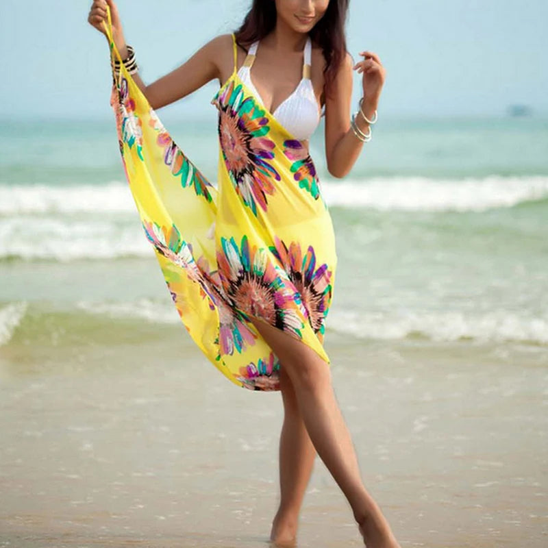 Printed Halter Chiffon Beach Dress Sexy Bikini Wrap Pareo Skirts Women Cover Ups Open Back Swimwear 1