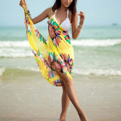 Printed Halter Chiffon Beach Dress Sexy Bikini Wrap Pareo Skirts Women Cover Ups Open Back Swimwear 1