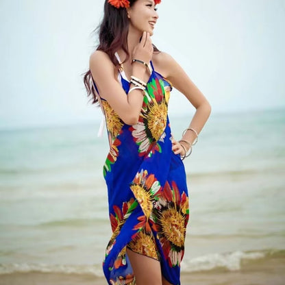 Printed Halter Chiffon Beach Dress Sexy Bikini Wrap Pareo Skirts Women Cover Ups Open Back Swimwear 5