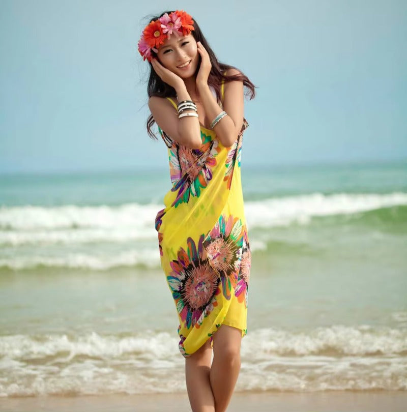 Printed Halter Chiffon Beach Dress Sexy Bikini Wrap Pareo Skirts Women Cover Ups Open Back Swimwear 6