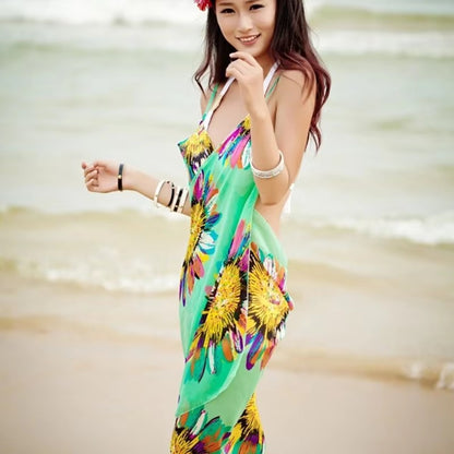 Printed Halter Chiffon Beach Dress Sexy Bikini Wrap Pareo Skirts Women Cover Ups Open Back Swimwear 7