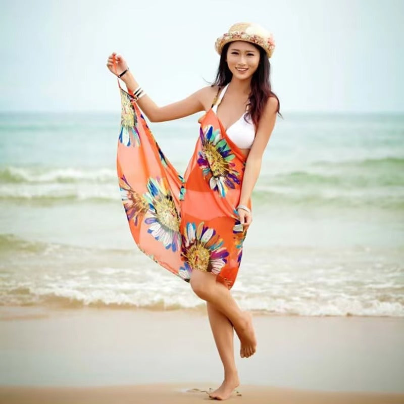 Printed Halter Chiffon Beach Dress Sexy Bikini Wrap Pareo Skirts Women Cover Ups Open Back Swimwear 8